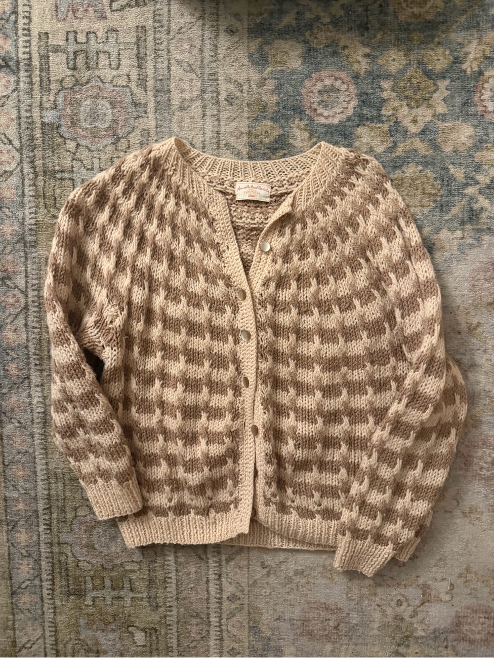 Handmade Wool Chunky Knit Beige Check Cardigan Sweater